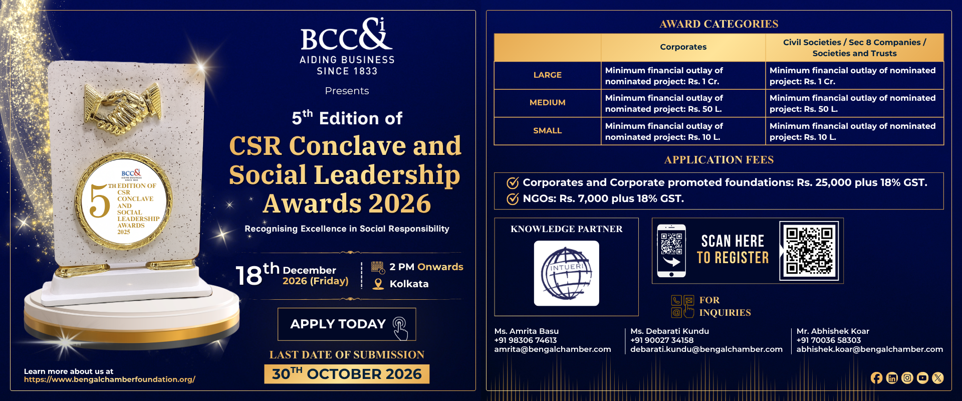 5th Edition CSR Conclave and Social Leadership Awards 2026 by BCC&I, inviting nominations for CSR excellence awards. Event on 18 December 2026 in Kolkata with award categories, application fees, registration QR code, and submission deadline of 30 October 2026.