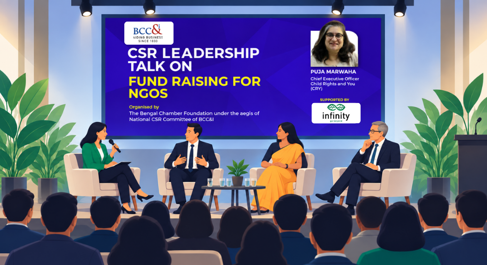 An illustration of a panel discussion titled "CSR Leadership Talk on Fund Raising for NGOs" organized by BCC&I, featuring four panelists on stage addressing an audience with Puja Marwaha featured as a keynote speaker.