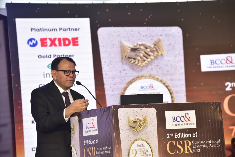 Mr Jitendra Kumar, Chairperson of the CSR Committee of BCC&I,  delivering the theme address  at the Second edition of the CSR Conclave Social Leadership Awards on December 7th, 2023, at Williamson Magor Hall, The Bengal Chamber premises. 
