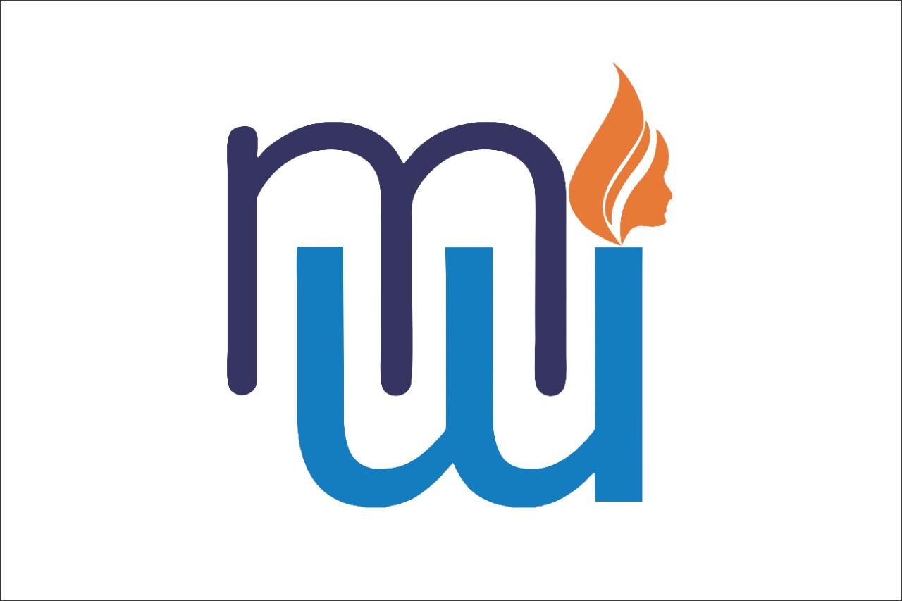 M & W and a flame in orange shaped in the form of a woman's face. Colours used are Orange, blue and black, the theme colours of the logo