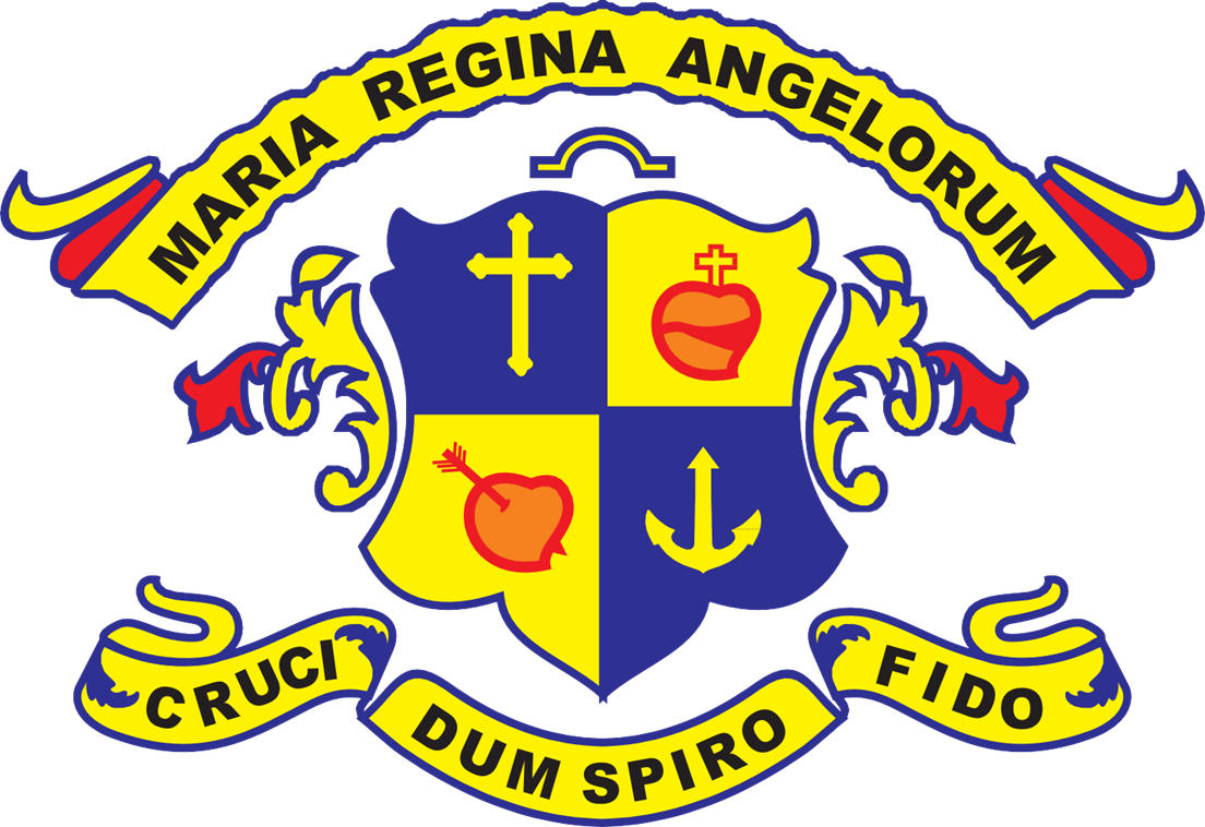 This emblem beautifully reflects a deep spiritual identity and guiding values. The inscription “Maria Regina Angelorum” honours Mary as the Queen of Angels, symbolizing protection and divine guidance. The shield, divided into four parts, carries meaningful symbols—the cross for faith, the heart for love and compassion, the pierced heart for sacrifice, and the anchor for hope and steadfastness.  The motto “Cruci Dum Spiro Fido” expresses unwavering trust in the Cross throughout life. Altogether, the crest re