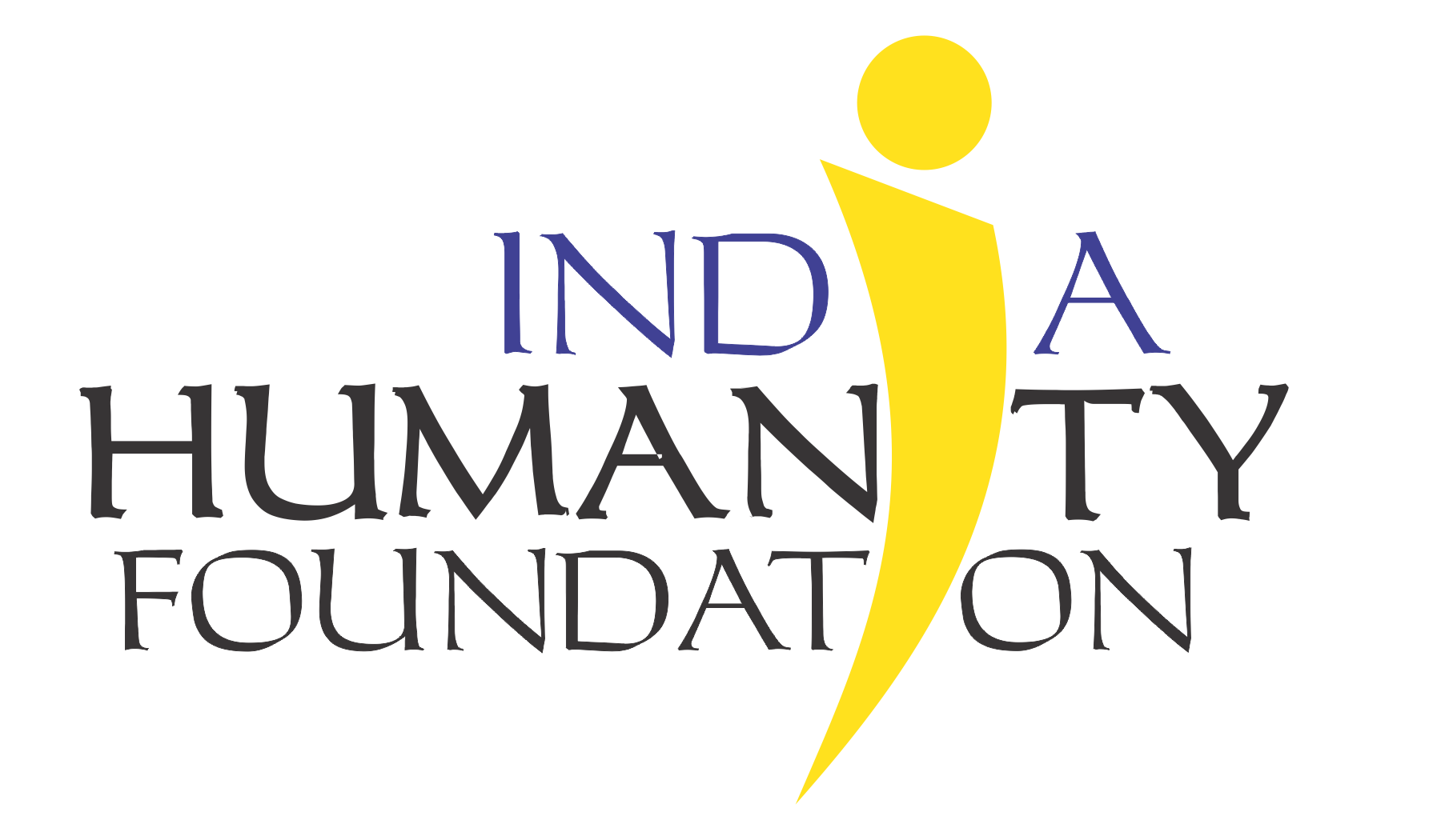 India Humanity Foundation logo with the name in blue and black text, alongside a yellow abstract human figure symbolizing growth and humanity