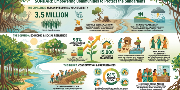 "SUNDARI: Empowering Communities to Protect the Sundarbans." It outlines the challenges, solutions, and impacts of a community project, detailing environmental threats to 3.5 million people, economic solutions that transformed 15,000 households, and impacts that made 61% of households disaster-ready.