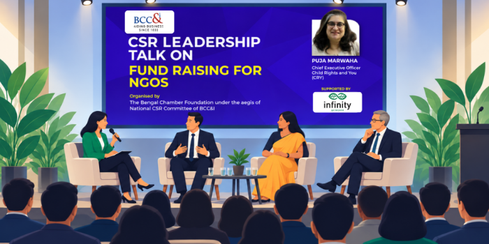 An illustration of a panel discussion titled "CSR Leadership Talk on Fund Raising for NGOs" organized by BCC&I, featuring four panelists on stage addressing an audience with Puja Marwaha featured as a keynote speaker.