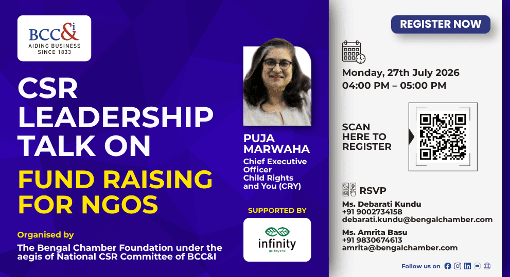 BCC&I CSR Leadership Talk on 'Fund Raising for NGOs' with Puja Marwaha, CEO of CRY. Monday, 27th July 2026, 4–5 PM. Organised by The Bengal Chamber Foundation, supported by Infinity. Includes QR code to register and RSVP contact details.
