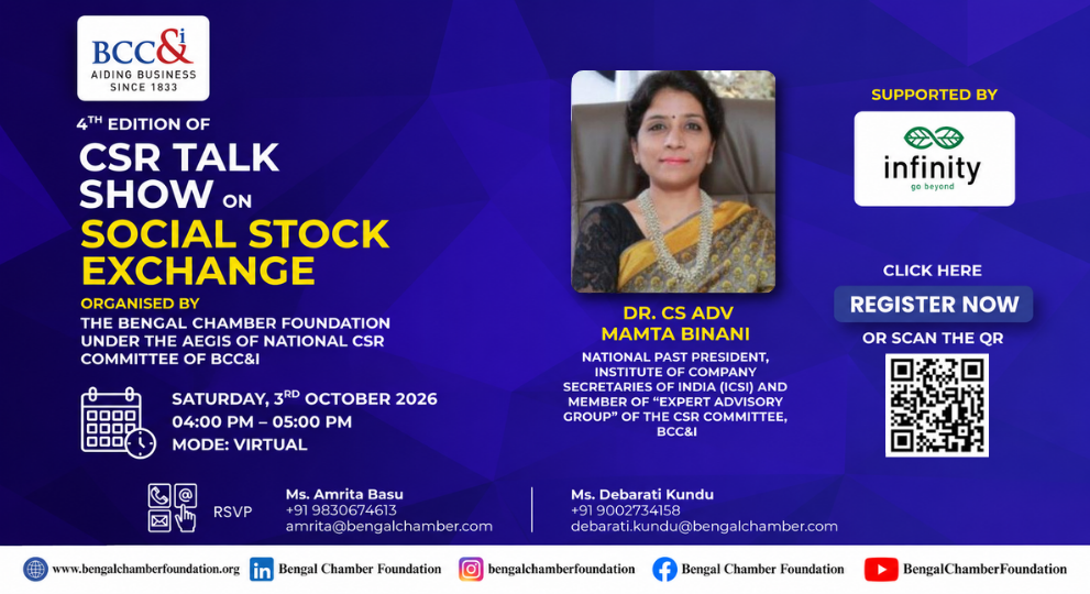 Promotional banner for the 4th Edition CSR Talk Show on Social Stock Exchange featuring speaker Dr. CS Adv Mamta Binani, organized virtually by The Bengal Chamber Foundation on October 3, 2026.