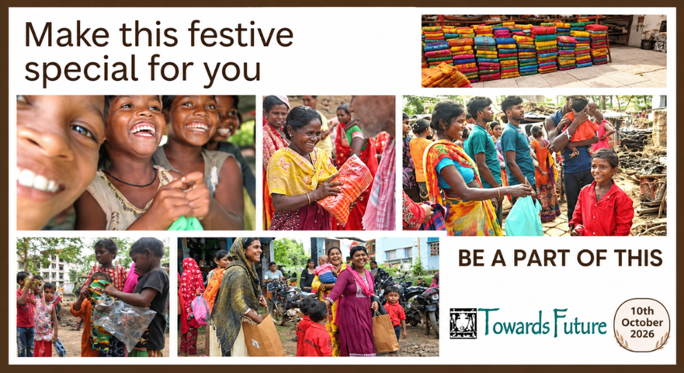 A photo collage for a festive charity drive showing smiling children, families receiving gifts and clothes, stacks of colourful textiles, and the Towards Future organisation logo.