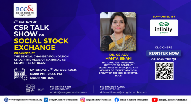 Promotional banner for the 4th Edition CSR Talk Show on Social Stock Exchange featuring speaker Dr. CS Adv Mamta Binani, organized virtually by The Bengal Chamber Foundation on October 3, 2026.