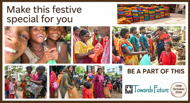 A photo collage for a festive charity drive showing smiling children, families receiving gifts and clothes, stacks of colourful textiles, and the Towards Future organisation logo.